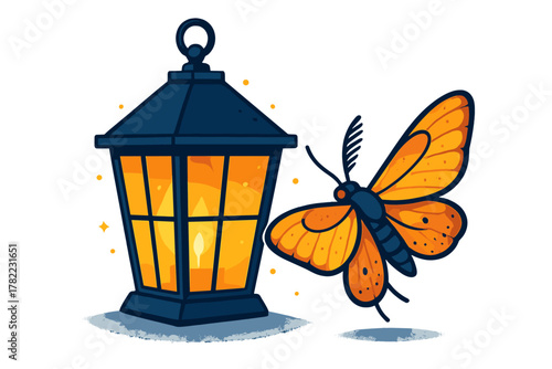 Bright orange moth approaching a dark blue antique lantern illuminated by a warm candle flame