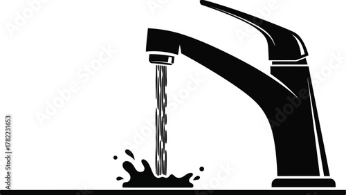 Faucet tap with water flowing from it plumbing, water conservation illustration vector icon, silhouette. Water dripping, flowing from faucet