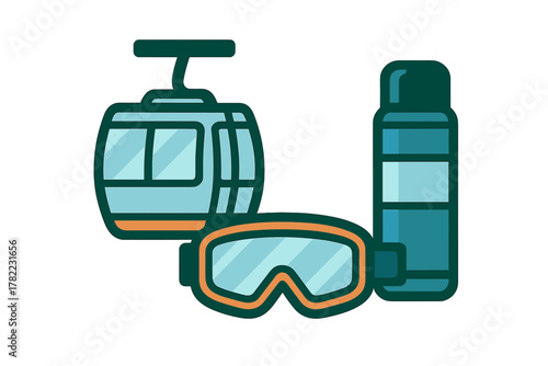 Ski resort essentials: Gondola cabin, protective goggles, and insulated thermos bottle