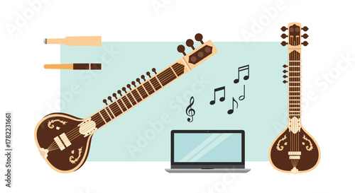 Creative musician learning sitar online with laptop and sheet music, inspiring sound creation and digital music production