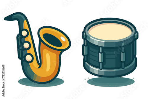 Stylized musical instruments featuring a bright golden saxophone and a dark blue snare drum