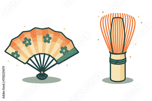 Elegant Japanese folding fan with floral pattern and traditional bamboo matcha whisk