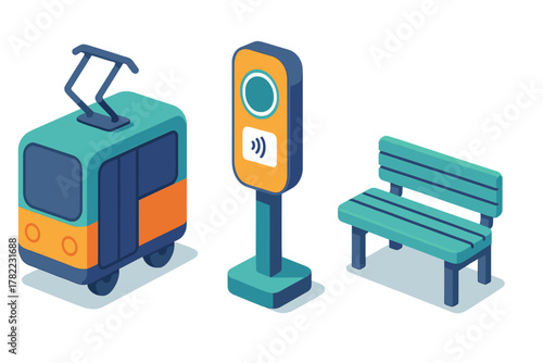 Isometric public transportation elements: tram, ticket machine, and waiting bench for urban travel