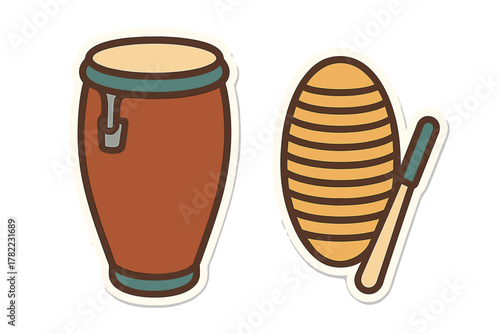 Vibrant stylized sticker set featuring traditional Latin percussion instruments like a conga drum and guiro shaker