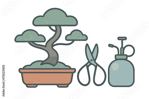 Traditional Japanese bonsai tree with pruning shears and water sprayer for gardening hobby
