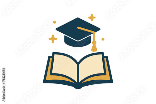 Open book with graduation cap symbolizing academic achievement, knowledge acquisition, and successful learning