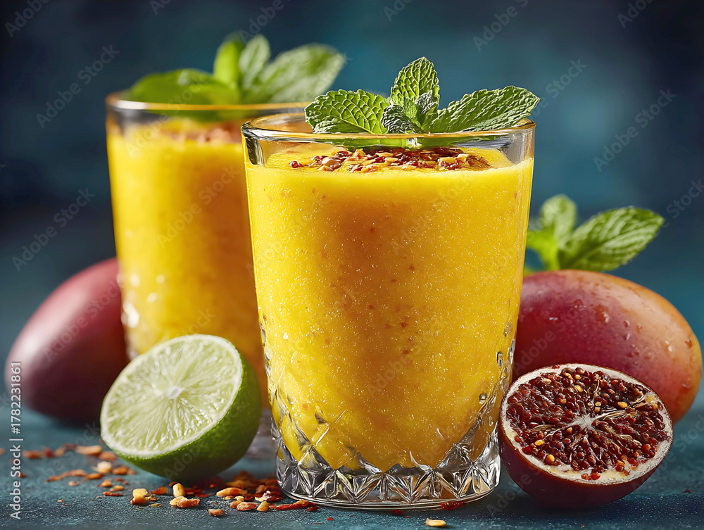 Fototapeta premium Refreshing mango and passion fruit smoothie served with mint leaves and lime on a dark background