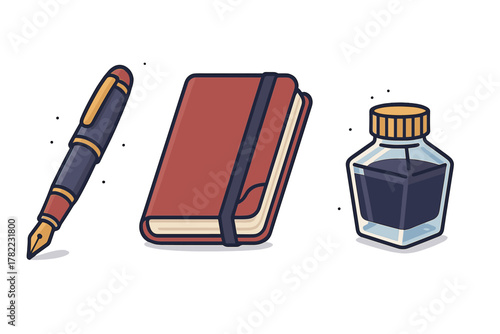 Classic writing tools set featuring a fountain pen, journal notebook, and ink bottle