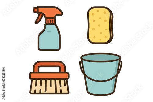 Essential cleaning supplies set with bucket, spray bottle, scrubbing brush, and porous sponge