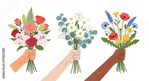 Diverse hands joyfully present vibrant bouquets of fresh flowers, celebrating nature's beauty and thoughtful gifting occasions