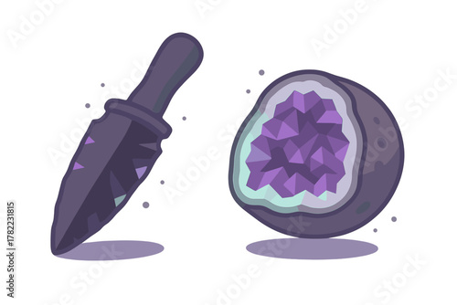 Stylized obsidian dagger and amethyst geode crystal formation on white background