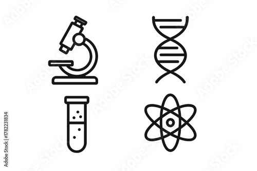 Essential scientific research and laboratory equipment featuring DNA, microscope, test tube, and atom