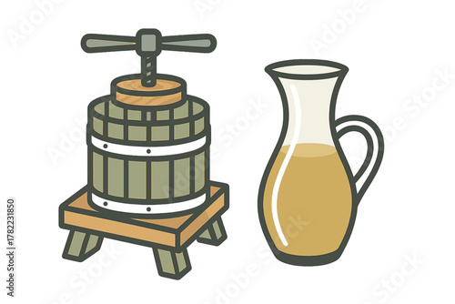 Traditional wooden fruit press mechanism and a glass pitcher filled with freshly extracted liquid