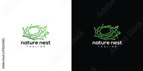 Natural bird nest design concept with leaves. Nest logo template made with lines.	
