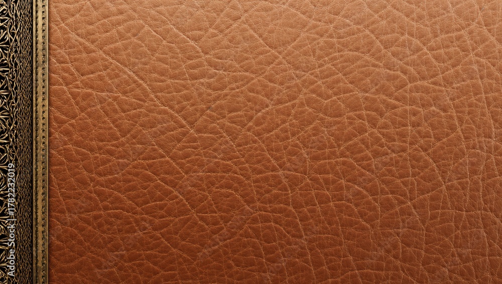 Fototapeta premium Ultra HD close-up texture of soft tan leather with stitched design and decorative metal mesh edging