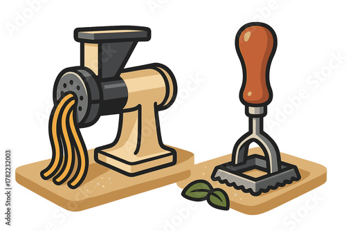 Classic kitchen equipment for making fresh pasta featuring a noodle grinder and a ravioli stamp