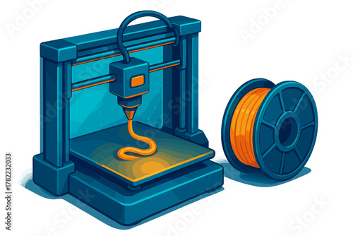 Desktop 3D printing machine extruding molten plastic material next to a large spool of orange filament