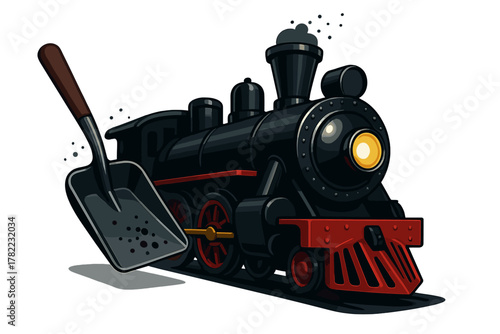 Classic black steam locomotive engine and coal shovel on railway tracks