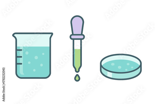 Scientific laboratory equipment set featuring beaker, chemical dropper, and petri dish