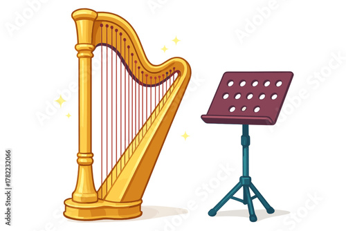 Shiny golden classical harp and portable music stand for sheet music