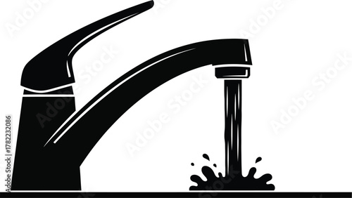Faucet tap with water flowing from it plumbing, water conservation illustration vector icon, silhouette. Water dripping, flowing from faucet