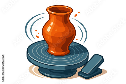 Traditional terracotta vase being shaped on a spinning potter's wheel controlled by a foot pedal