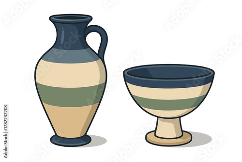 Decorative earthenware pitcher and goblet with colorful horizontal bands