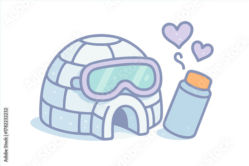 Adorable cartoon igloo wearing ski goggles next to a thermos bottle with rising hearts and steam