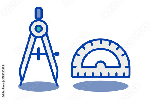 Drawing compass and protractor, essential geometry tools for drafting and education