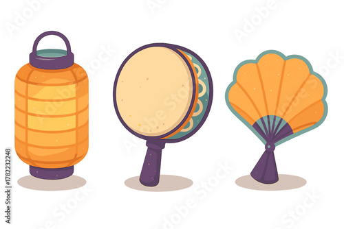 Traditional Asian festival objects: glowing paper lantern, hand drum, and ornate folding fan