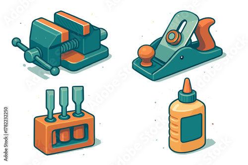 Essential woodworking and carpentry tools: bench vise, hand plane, chisels, and adhesive bottle