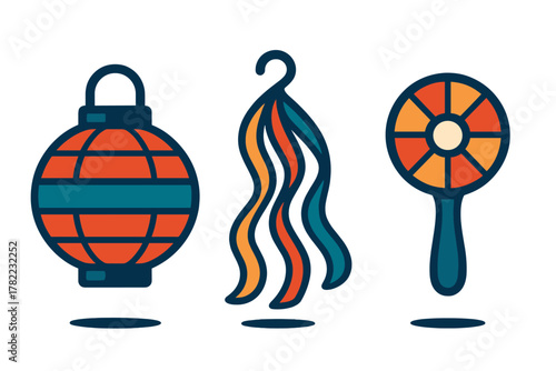 Traditional festival celebration objects: paper lantern, decorative ribbons, and handheld rattle