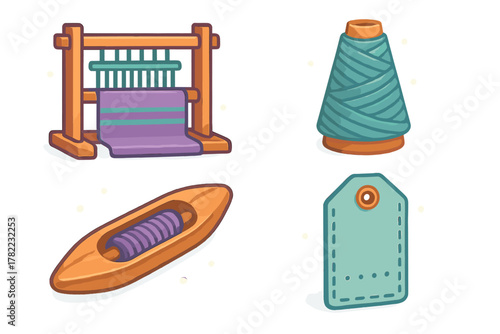 Weaving and textile craft tools set featuring a loom, yarn spool, shuttle, and stitched label icons