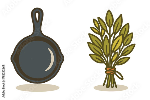 Cast iron skillet and fresh sage bundle cooking ingredients on white background