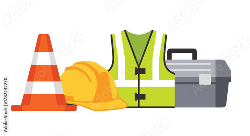 Essential safety gear for construction workers including a hard hat, vest, traffic cone, and toolbox for secure projects