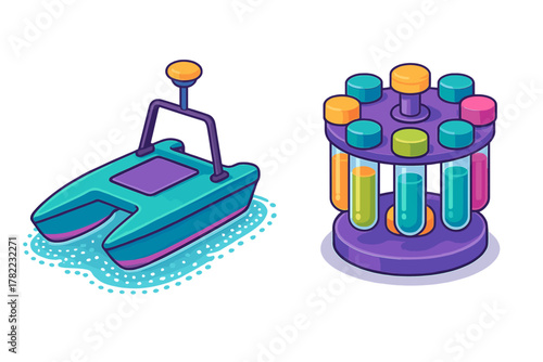 Colorful isometric representation of a remote control boat and laboratory test tube rack equipment