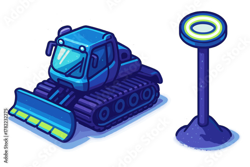 Heavy duty snow groomer machine preparing ski slopes and trails with marker post