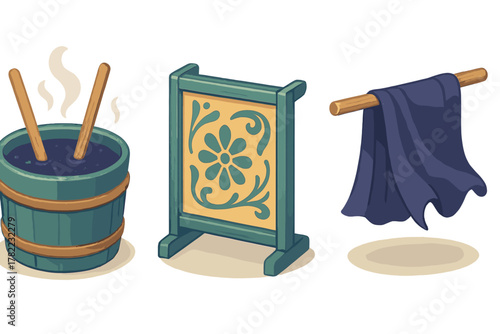 Steaming indigo dye vat, patterned wooden sign, and freshly dyed blue fabric