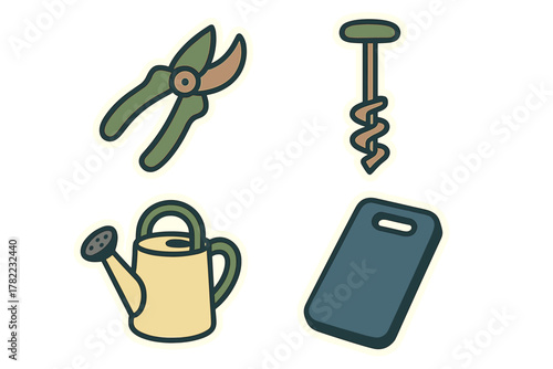 Set of essential domestic and garden items: pruning shears, watering can, corkscrew, and cutting board