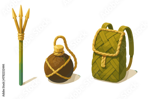 Stylized adventure equipment featuring a fishing spear, woven backpack, and rope-wrapped water flask