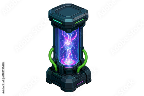 Isometric sci-fi power cell generating electrical energy discharge in a containment unit
