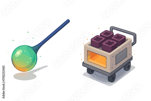 Isometric fantasy glowing spoon and furnace cart holding purple clover blocks for game design