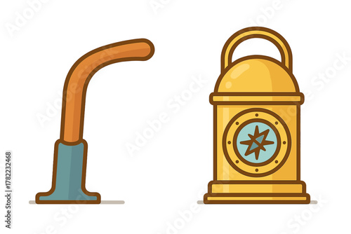 Stylized pirate hook handle and golden nautical lantern with compass rose design