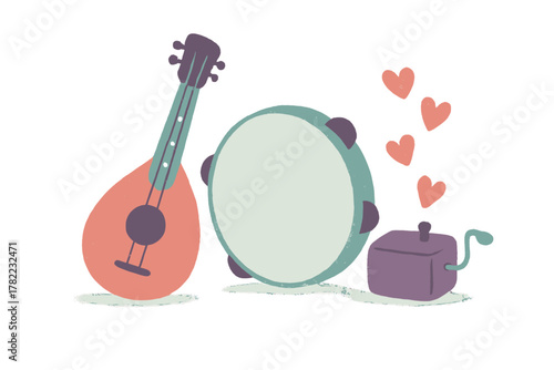 Musical instruments collection featuring a mandolin, tambourine, and a crank music box with floating hearts