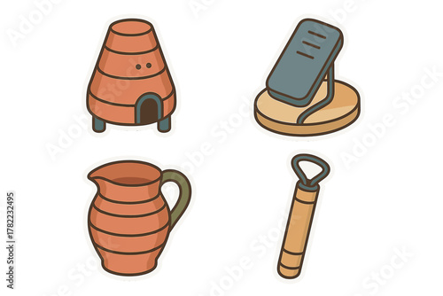 Set of ceramic pottery tools and equipment including a kiln, pottery wheel, and clay pitcher
