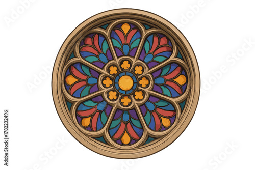 Intricate circular stained glass rose window design with colorful geometric patterns and stone tracery
