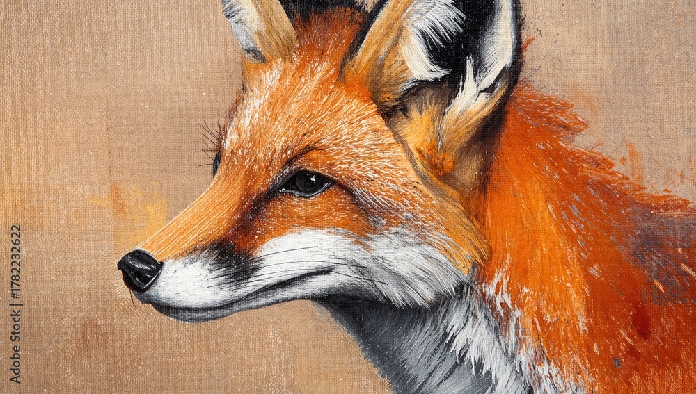 Fototapeta premium Oil painting featuring a fox in diverse shades, showcasing an abstract artistic interpretation