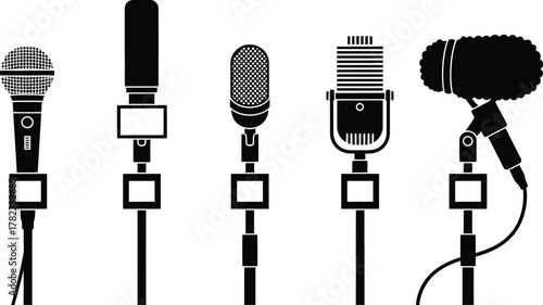 Stage microphone for press conference, media interview, Journalism, public speaking event coverage vector illustration silhouette icon set