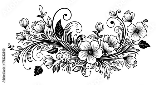 Detailed Black and White Floral Design Element with Blooming Flowers and Elegant Scrolls on Isolated White Background