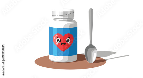 Adorable cartoon heart medicine bottle with spoon ready for healing, promoting health and wellness in a playful, vibrant style